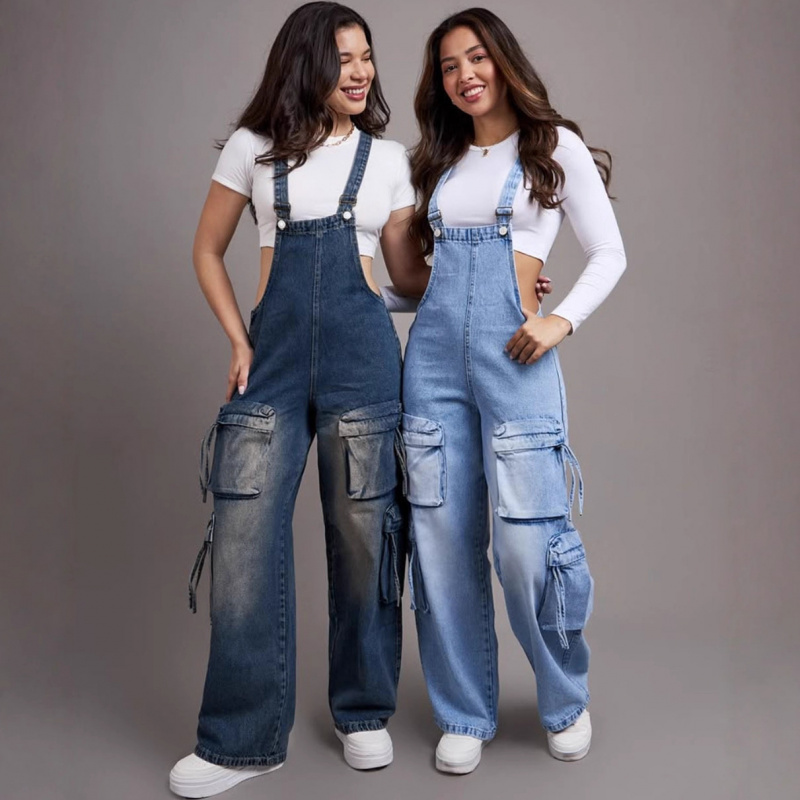 Women'S Fashion Overalls - Macacão Jeans Feminino Casual de Perna