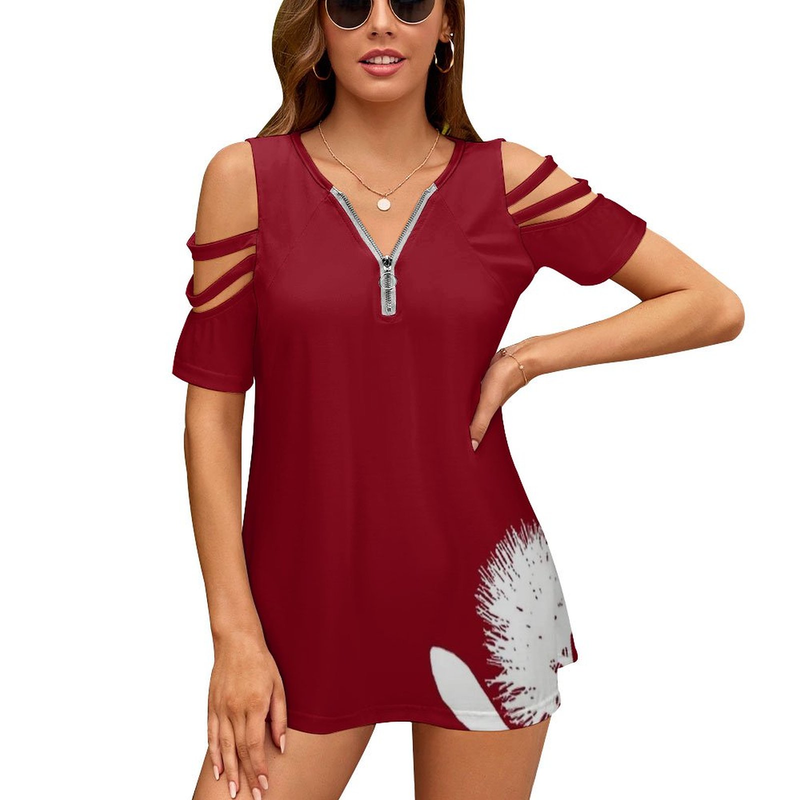 Women Fashion Nz - Pohutukawa-branco sobre vermelho feminino zíper sexy