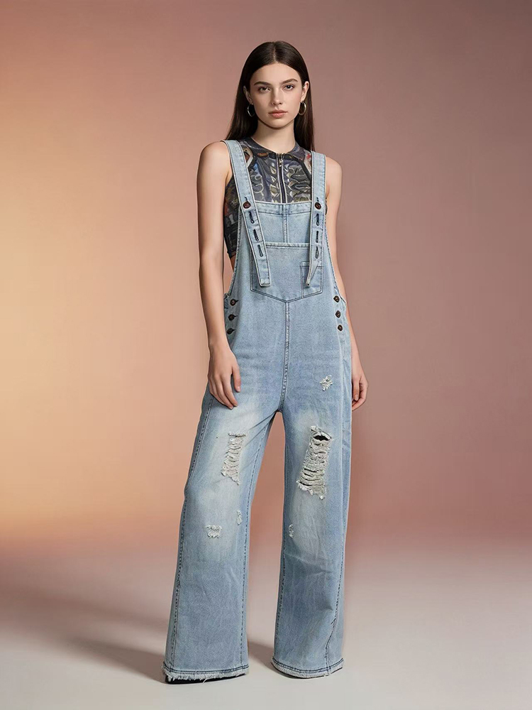 Women'S Fashion Overalls - Macacão Jeans Feminino Retrô Rasgado com