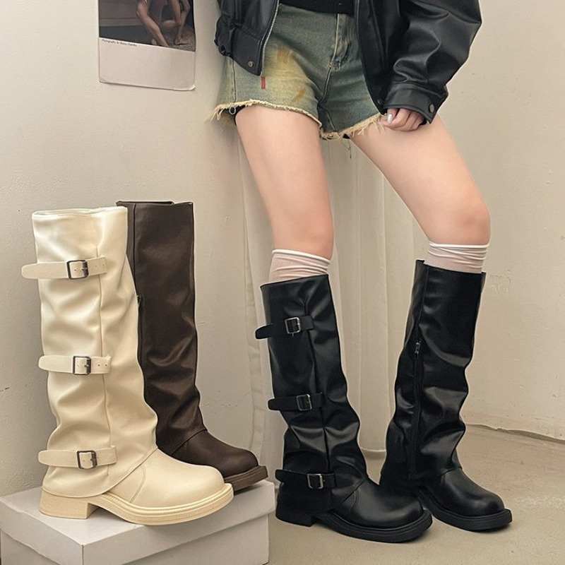 Women'S Fashion Leather Boots - Botas de Cavaleiro com Fivela Plissada