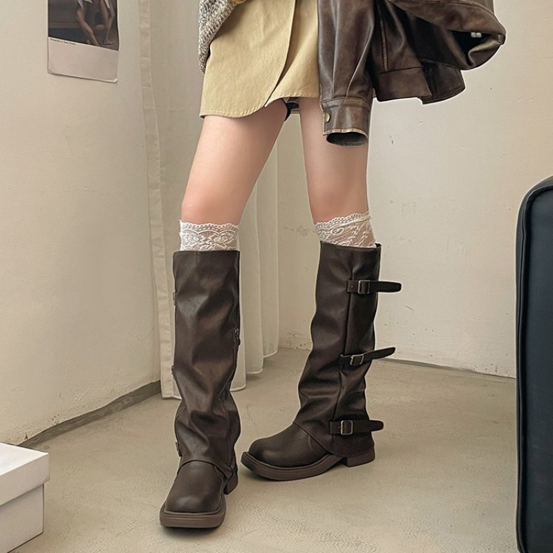 Botas de Cavaleiro com Fivela  - Women'S Fashion Leather Boots avaliação e preço