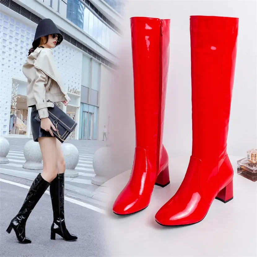 Vermelho branco couro de paten - Women'S Fashion Leather Boots avaliação e preço